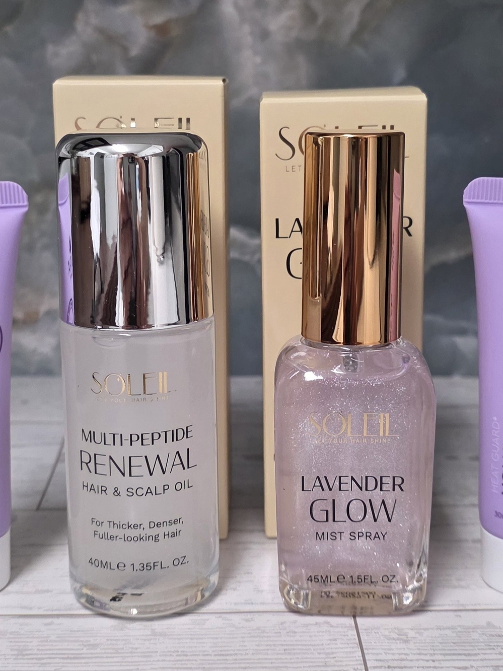 Soleil Hair Care Bundle:Lavender Glow Mist, Multi-Peptide Oil & Sutra Creams NIB